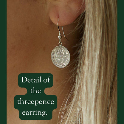 Handmade tiny delicate silver coin earrings on sterling silver ear wire | British threepence coins | Minimalist small drop silver earrings