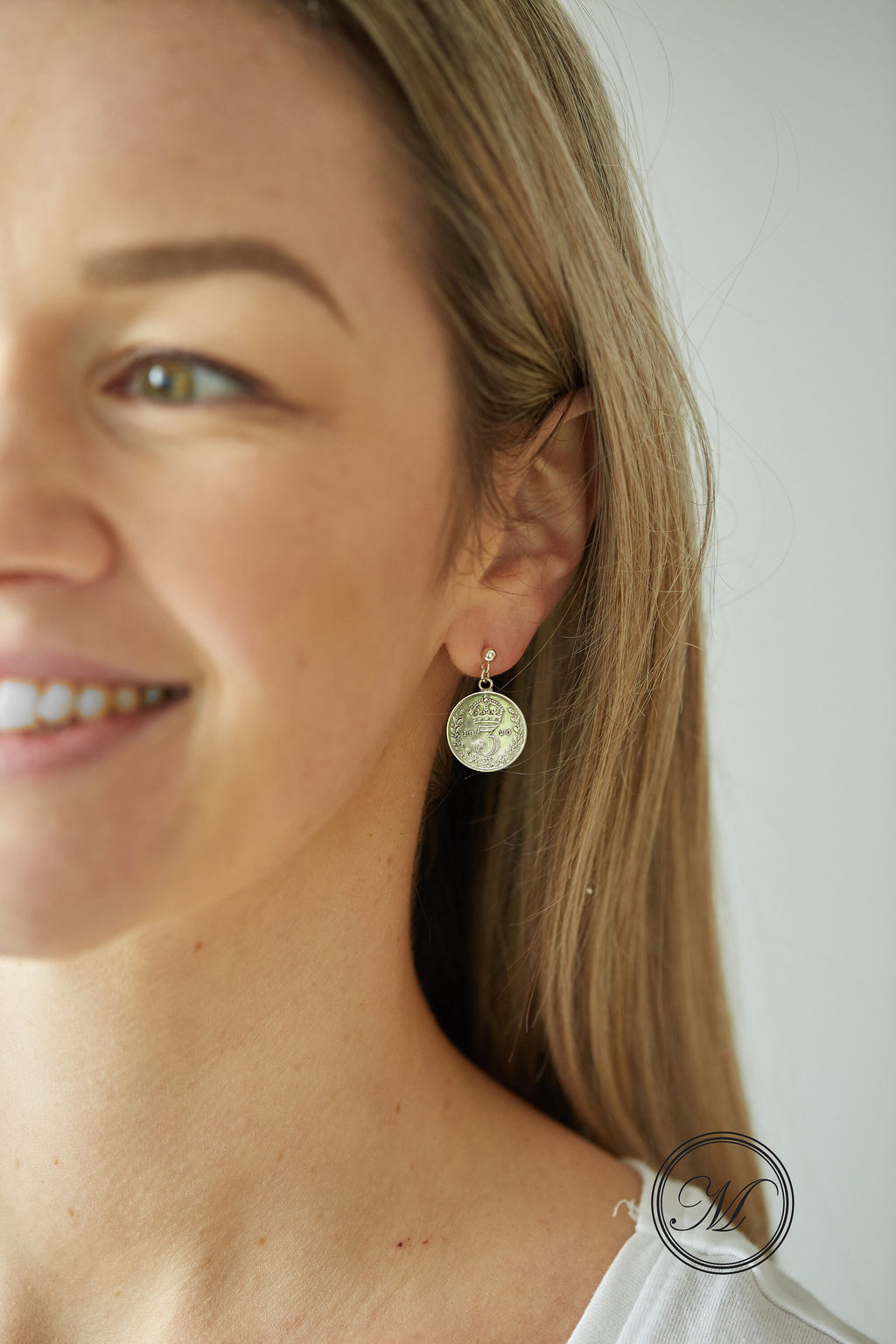 British Threepence Coin Handmade Earrings sterling silver, sterling silver ear post stud, delicate silver drop earrings, small coin earrings