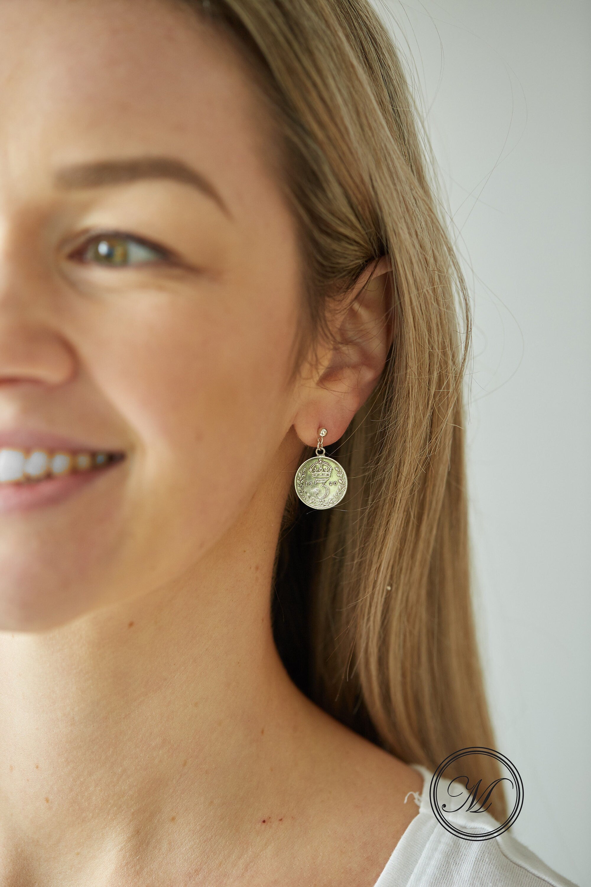 British Threepence Coin Handmade Earrings sterling silver, sterling silver ear post stud, delicate silver drop earrings, small coin earrings