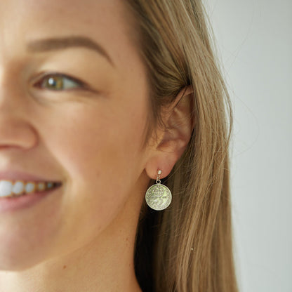British Threepence Coin Handmade Earrings sterling silver, sterling silver ear post stud, delicate silver drop earrings, small coin earrings