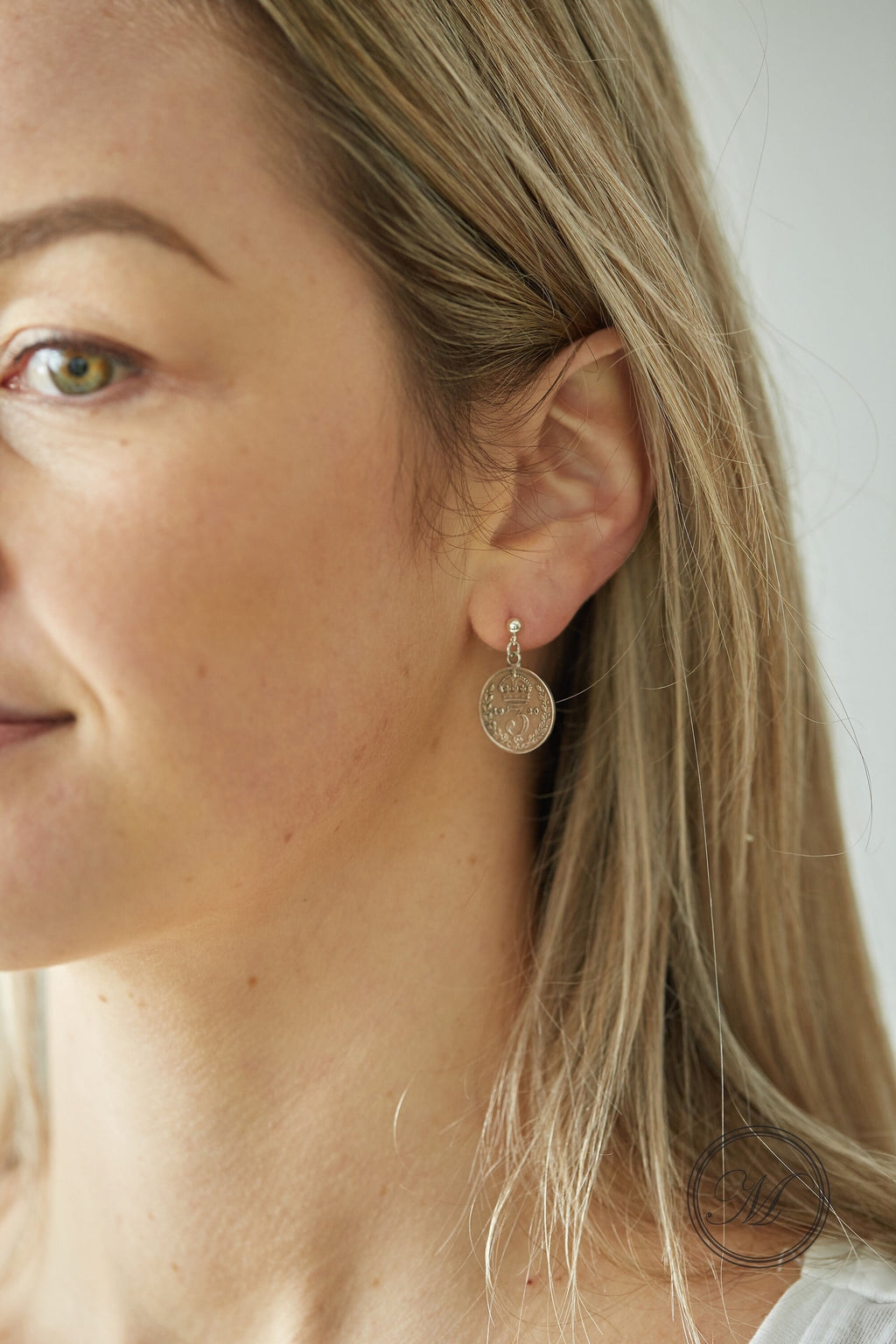 British Threepence Coin Handmade Earrings sterling silver, sterling silver ear post stud, delicate silver drop earrings, small coin earrings
