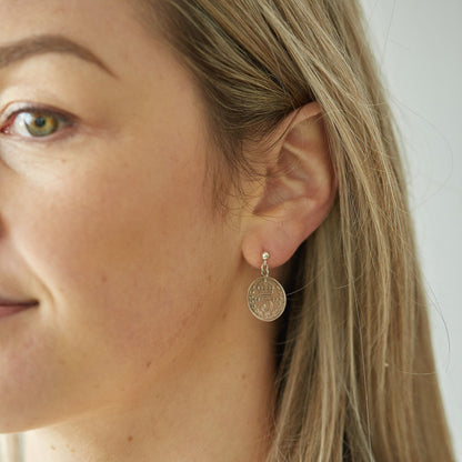 British Threepence Coin Handmade Earrings sterling silver, sterling silver ear post stud, delicate silver drop earrings, small coin earrings