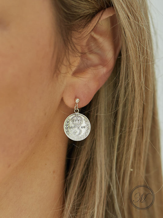 British Threepence Coin Handmade Earrings sterling silver, sterling silver ear post stud, delicate silver drop earrings, small coin earrings