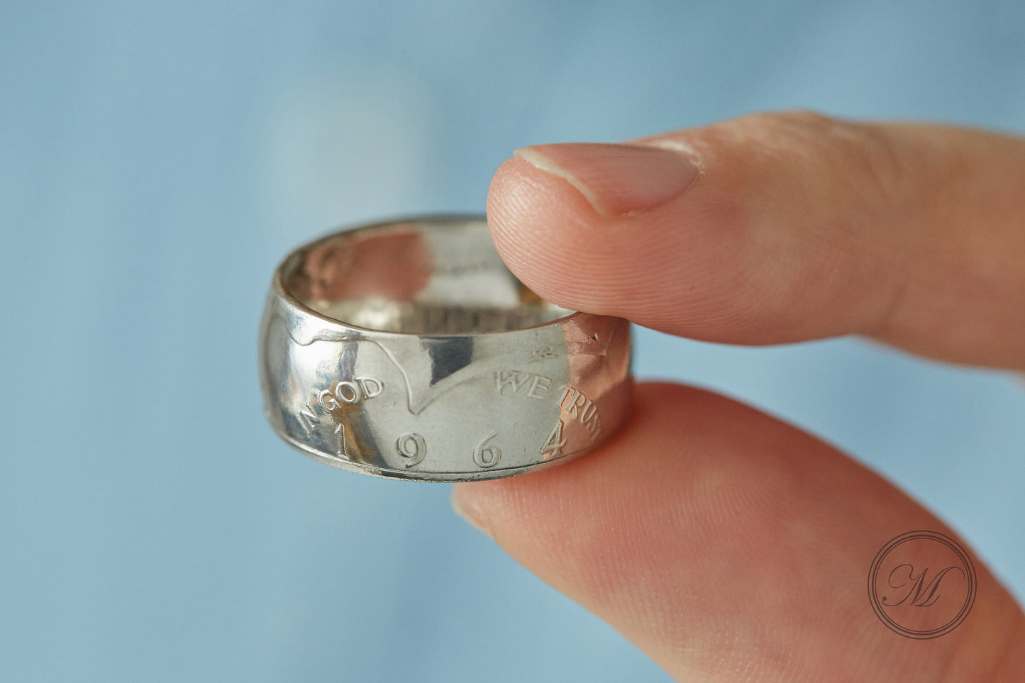 Kennedy Half Dollar 1964 Liberty handmade coin ring 90% silver - a rare American coin ring made from a vintage upcycled coin