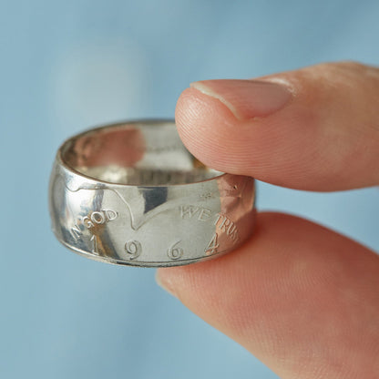 Kennedy Half Dollar 1964 Liberty handmade coin ring 90% silver - a rare American coin ring made from a vintage upcycled coin