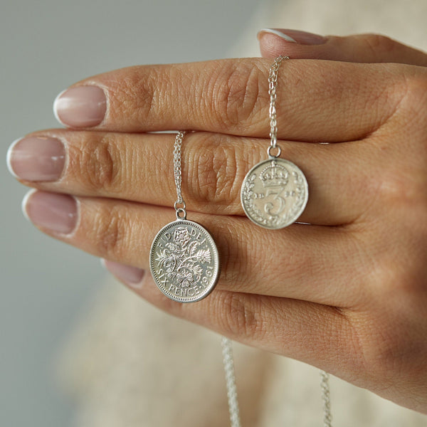 Layered sixpence and threepence silver coin necklace palladium plated on sterling silver chains - on trend British pendant layering necklace