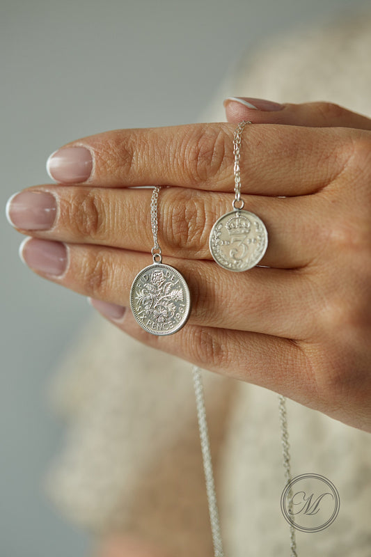 Layered sixpence and threepence silver coin necklace palladium plated on sterling silver chains - on trend British pendant layering necklace