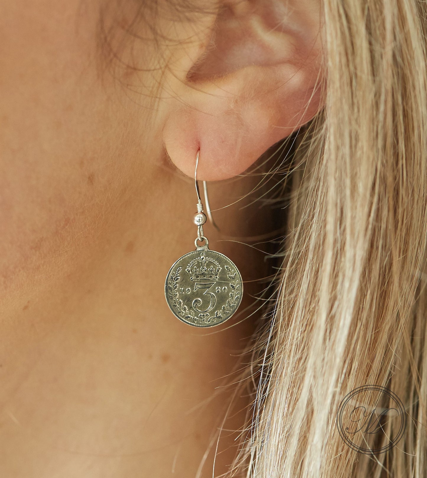 Handmade tiny delicate silver coin earrings on sterling silver ear wire | British threepence coins | Minimalist small drop silver earrings