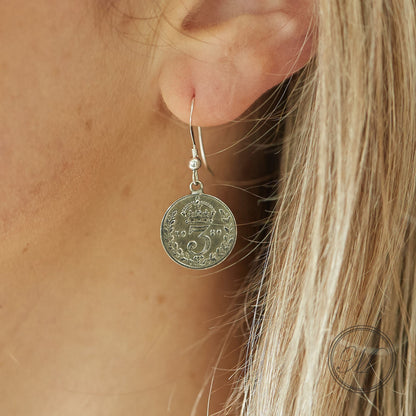 Handmade tiny delicate silver coin earrings on sterling silver ear wire | British threepence coins | Minimalist small drop silver earrings