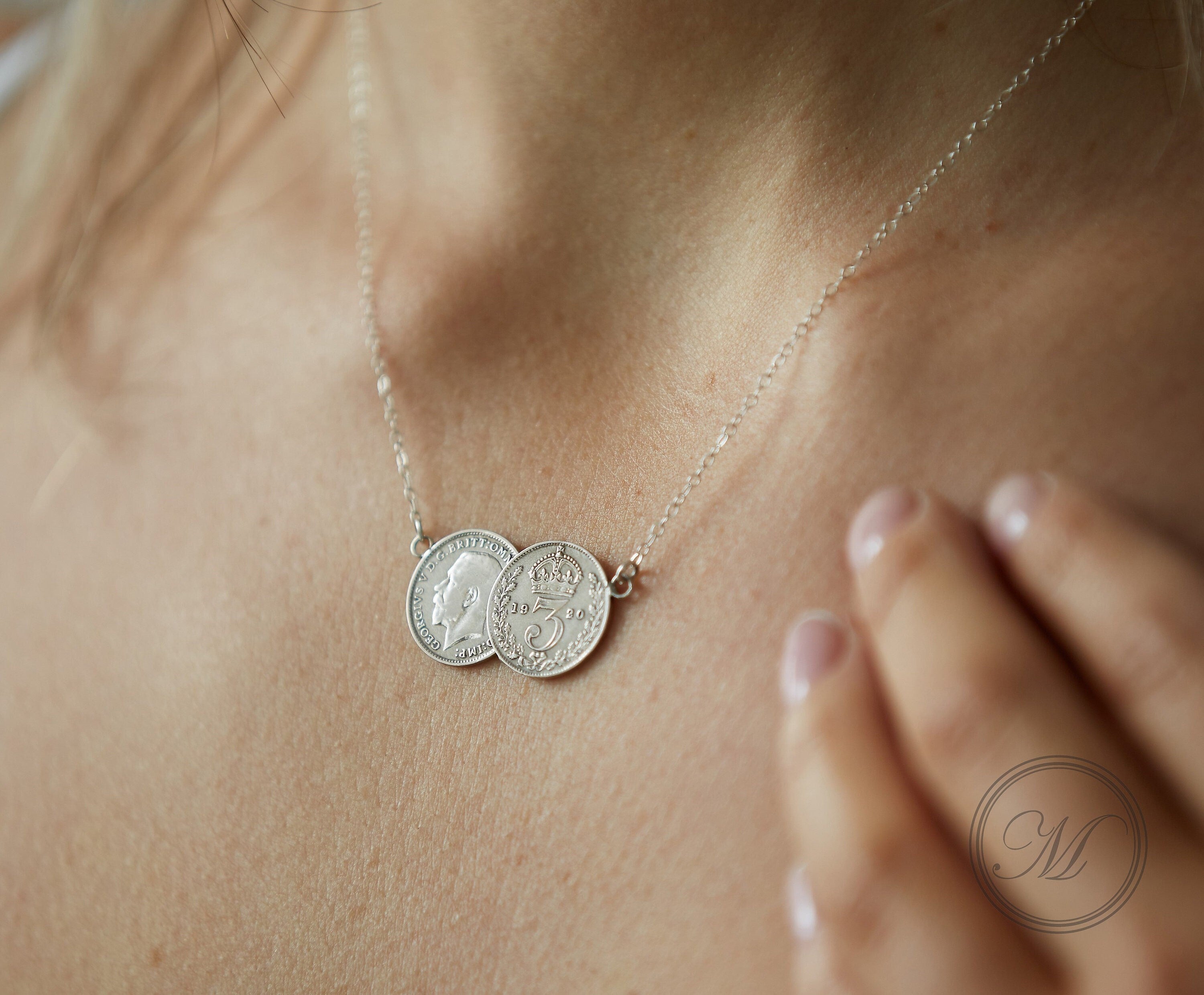 Threepence double coin necklace in palladium plated silver - a delicate dainty vintage inspired necklace. Perfect gift for girlfriend, bride
