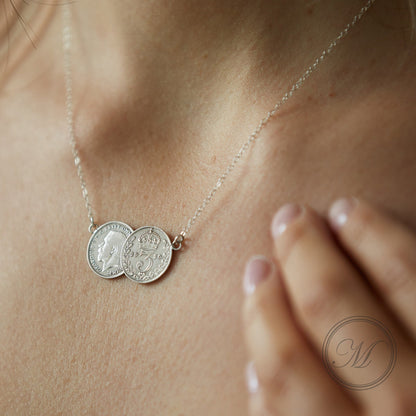 Threepence double coin necklace in palladium plated silver - a delicate dainty vintage inspired necklace. Perfect gift for girlfriend, bride