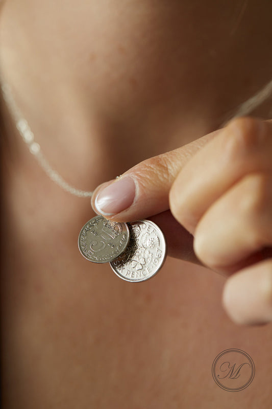 Lucky Sixpence and Threepenny coin layered necklace suspended on a sterling silver chain with your choice of date (palladium plated)