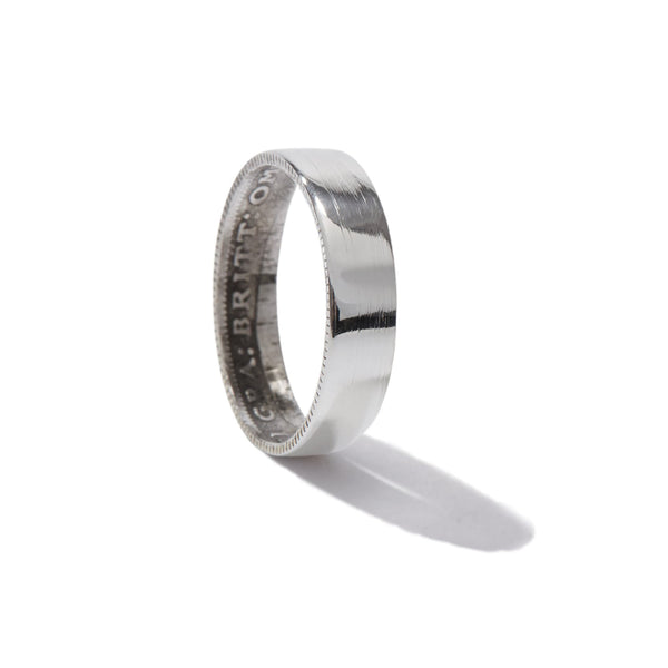 Sterling Silver Coin Ring Wedding Band - a delicate Sixpence coin ring, smooth on the outside and detailed inside. Size: Womans, small