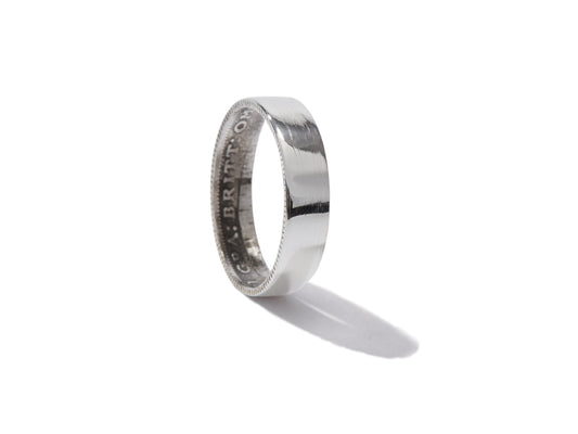 Sterling Silver Coin Ring Wedding Band - a delicate Sixpence coin ring, smooth on the outside and detailed inside. Size: Womans, small