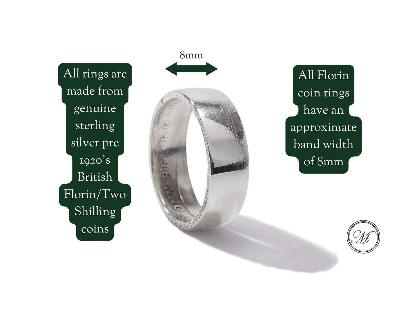 Sterling Silver Coin Ring Wedding Band - a sturdy Florin coin ring, smooth on the outside and detailed inside. Size: Men's, large