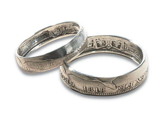 Pair of rare 1818 British Sterling Silver Sixpence and Shilling Coin Rings Wedding Bands