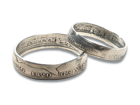 His and hers rings, handmade coin rings, sterling silver rings, pair of vintage wedding rings, British Shilling and Sixpence 1820's
