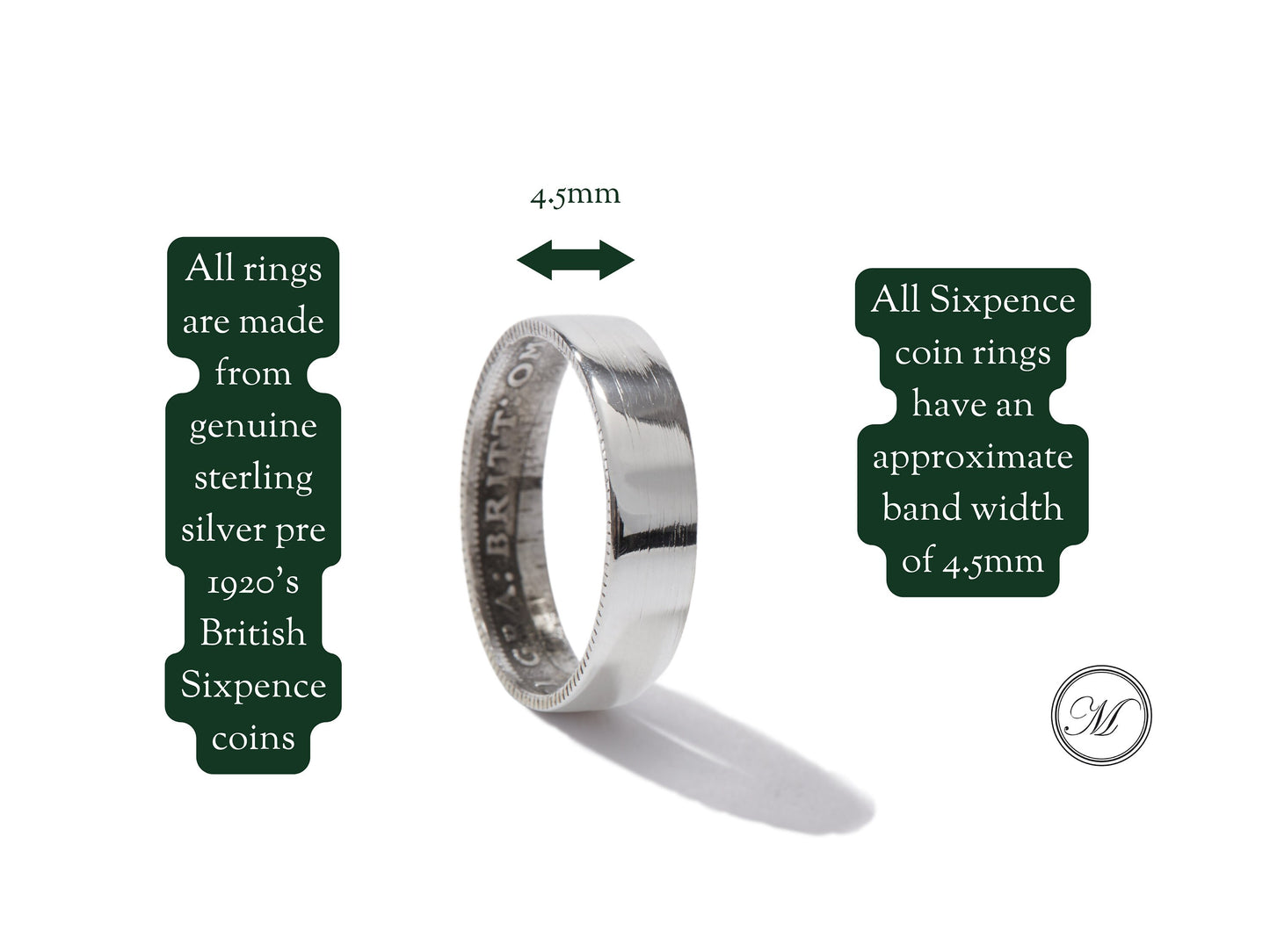 Sterling Silver Coin Ring Wedding Band - a delicate Sixpence coin ring, smooth on the outside and detailed inside. Size: Womans, small