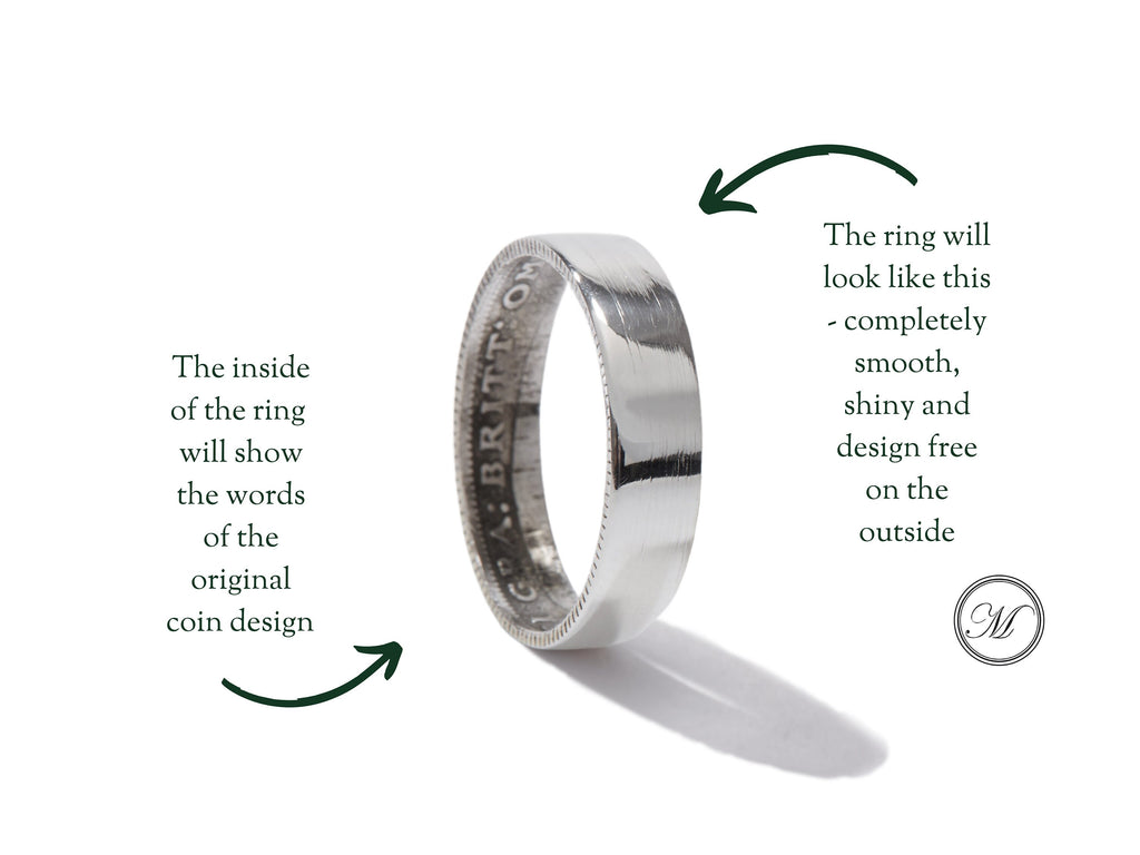 Sterling Silver Coin Ring Wedding Band - a delicate Sixpence coin ring, smooth on the outside and detailed inside. Size: Womans, small