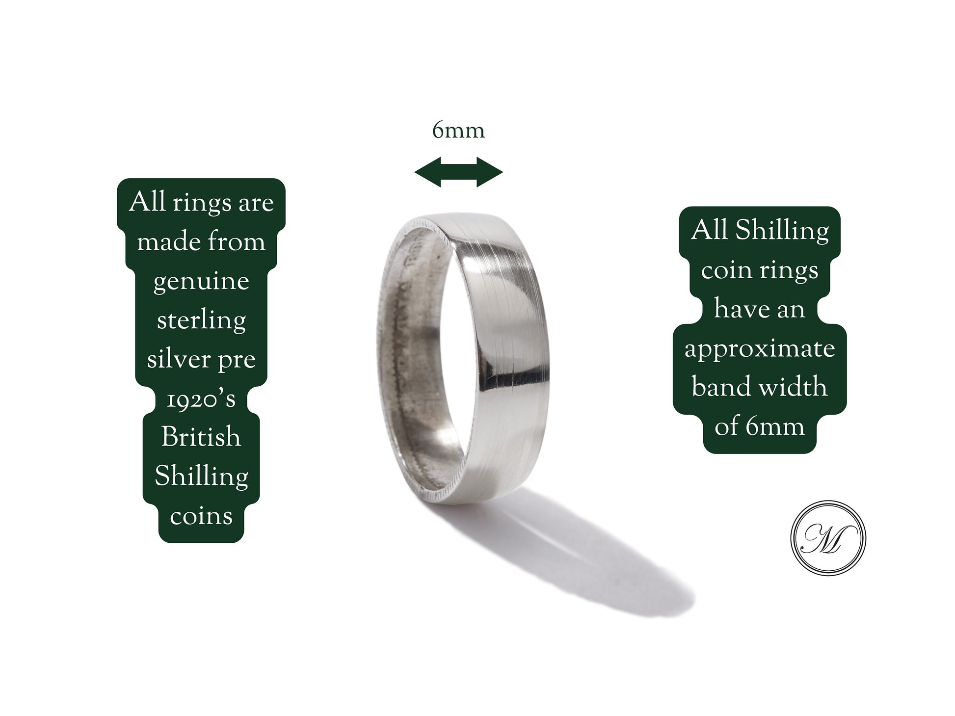 Sterling Silver Coin Ring Wedding Band - a Shilling coin ring, smooth on the outside and detailed inside. Size: Men's or women's, medium