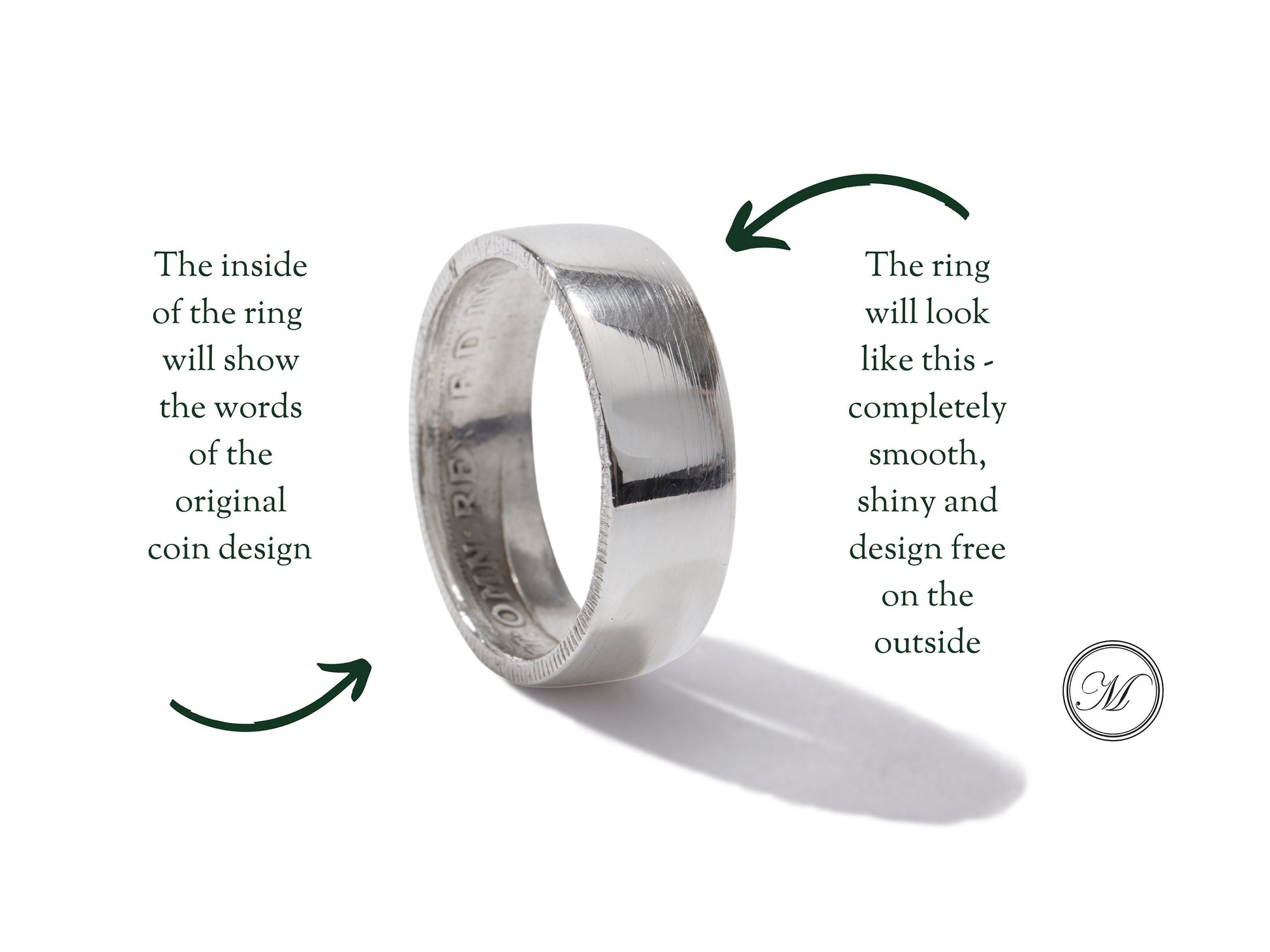 Sterling Silver Coin Ring Wedding Band - a sturdy Florin coin ring, smooth on the outside and detailed inside. Size: Men's, large