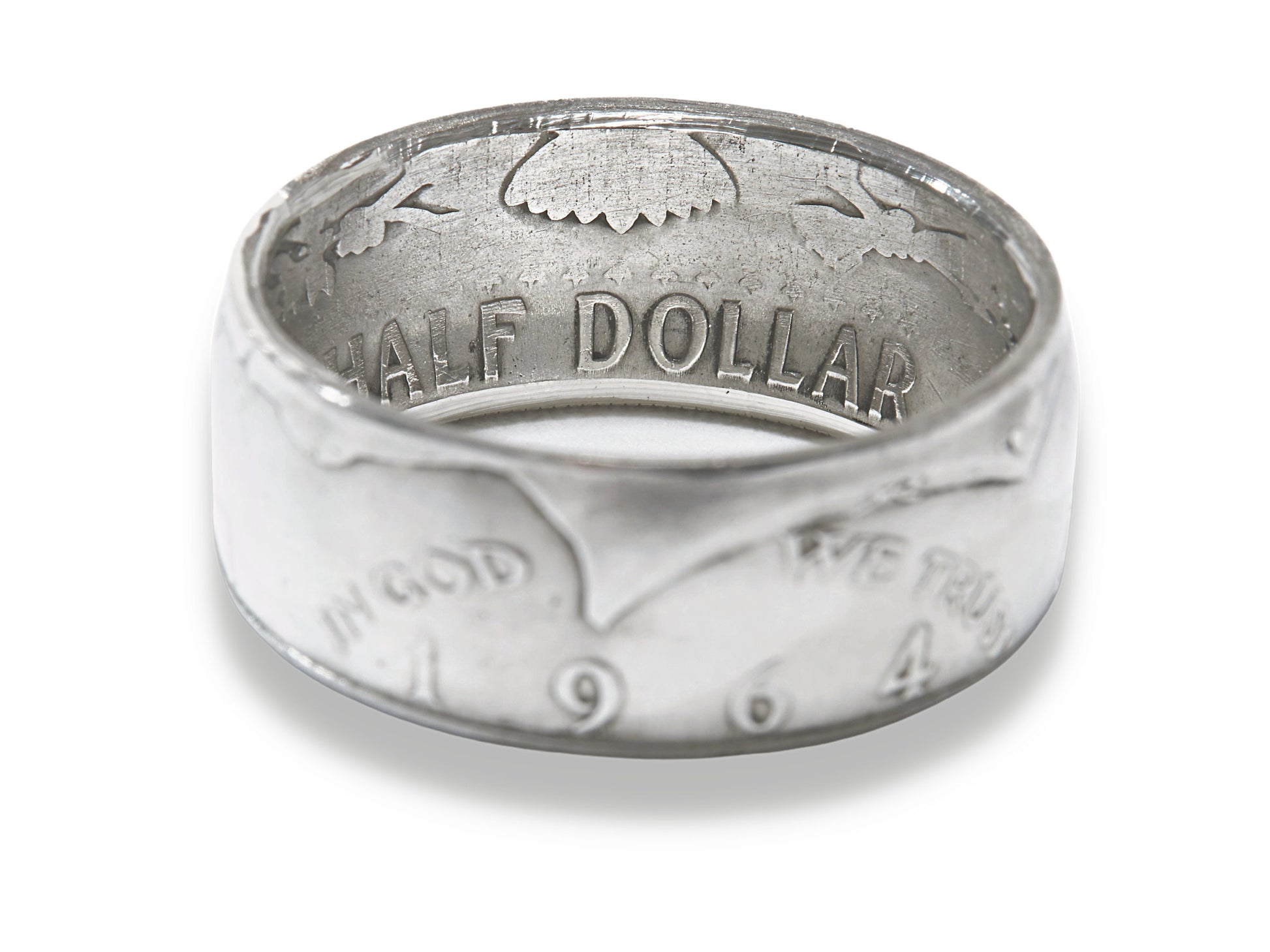 Kennedy Half Dollar 1964 Liberty handmade coin ring 90% silver - a rare American coin ring made from a vintage upcycled coin