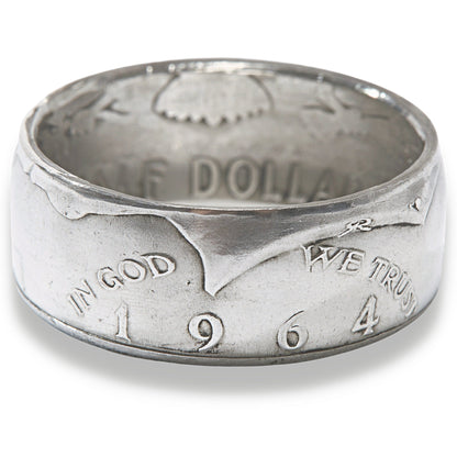 Kennedy Half Dollar 1964 Liberty handmade coin ring 90% silver - a rare American coin ring made from a vintage upcycled coin