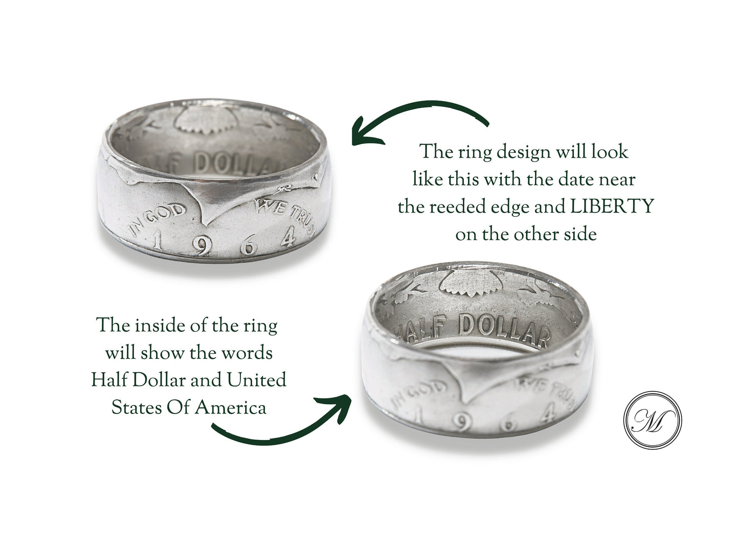 Kennedy Half Dollar 1964 Liberty handmade coin ring 90% silver - a rare American coin ring made from a vintage upcycled coin