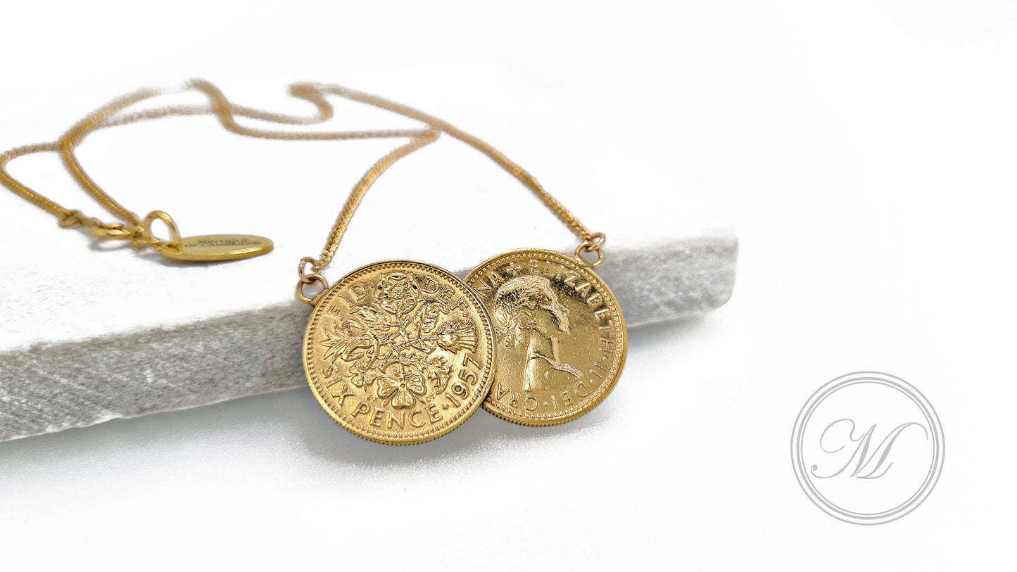 Queen Elizabeth 2nd Sixpence Double Coin Necklace 18k Gold Plated