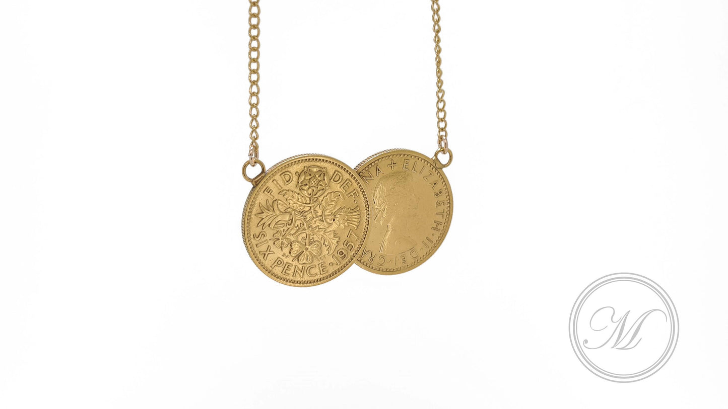 Queen Elizabeth 2nd Sixpence Double Coin Necklace 18k Gold Plated