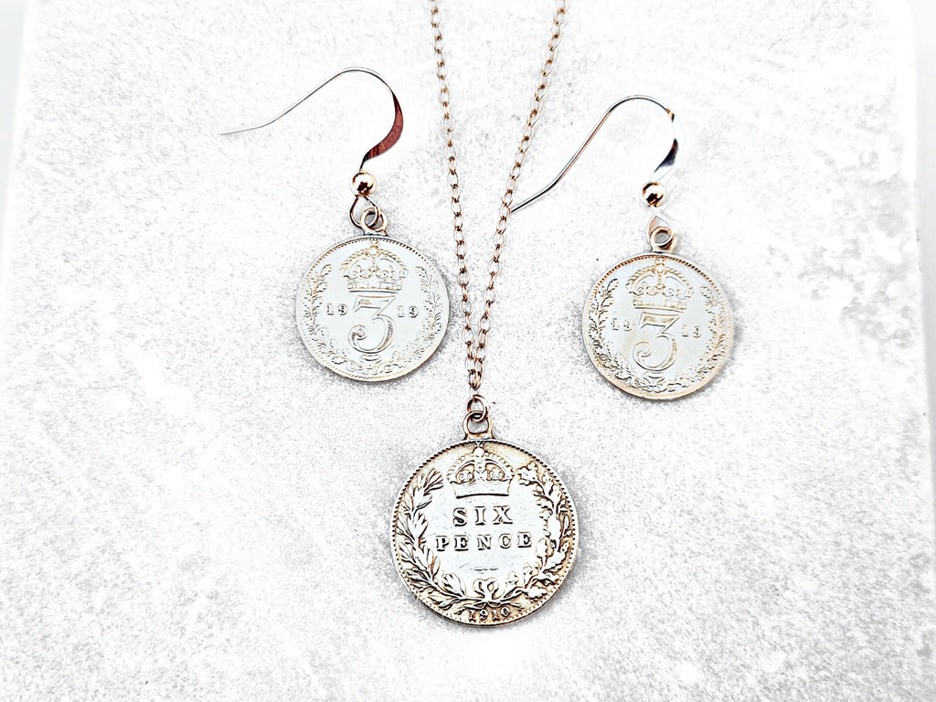 Sterling Silver Gift Set: Edwardian Sixpence Necklace & Threepence Earrings