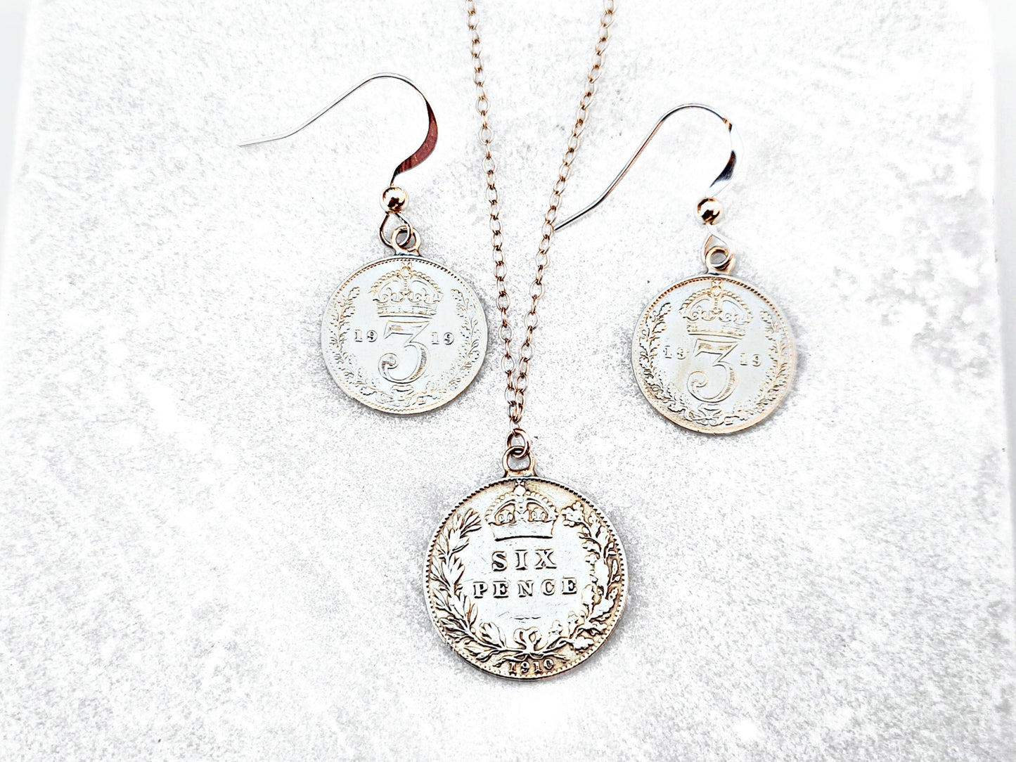 Gift Set: sterling silver Edwardian sixpence coin necklace and sterling silver threepence coin earrings - perfect Christmas gift for her