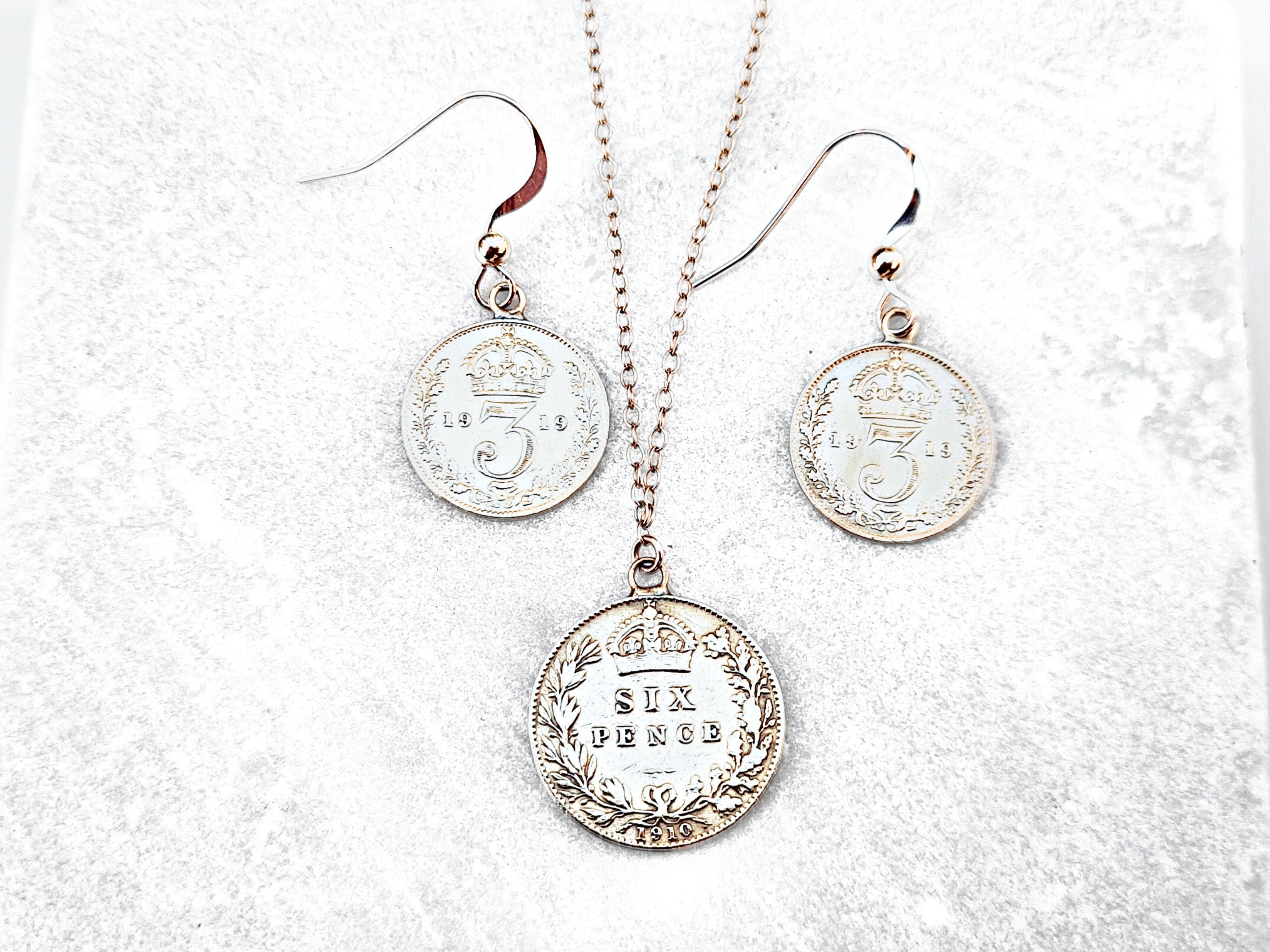 Sterling Silver Gift Set: Edwardian Sixpence Necklace & Threepence Earrings