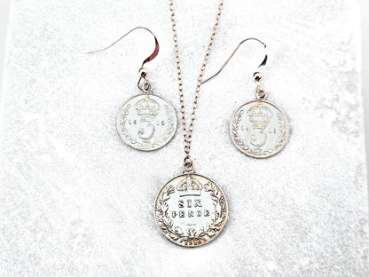 Sterling Silver Gift Set: Edwardian Sixpence Necklace & Threepence Earrings