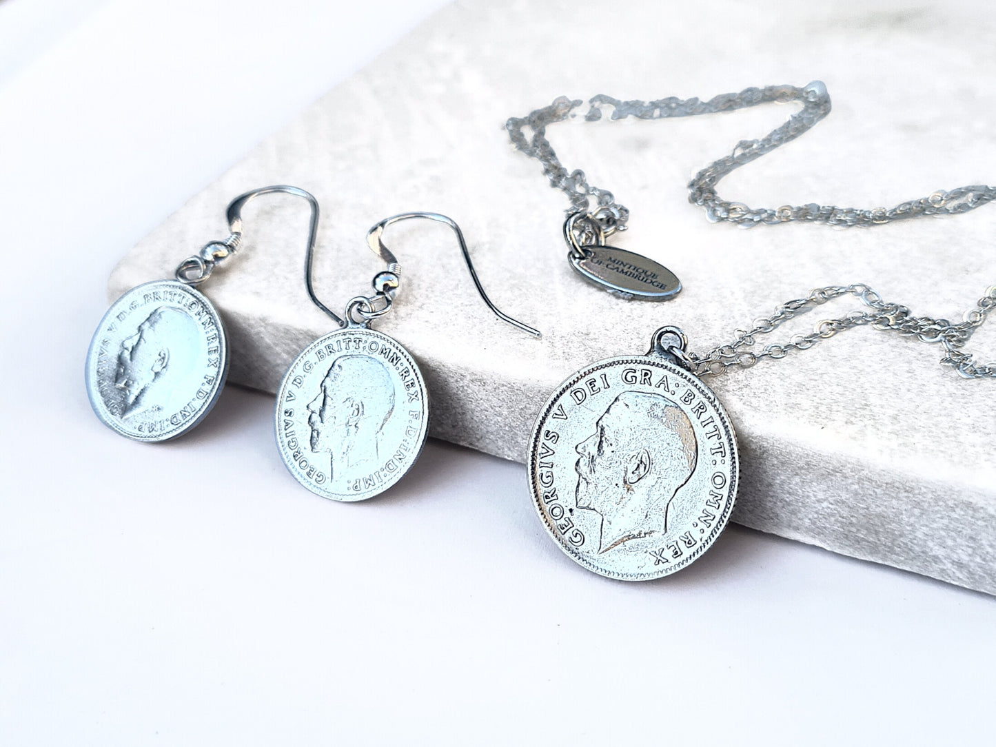 Gift Set: sterling silver George V wartime sixpence coin necklace and sterling silver threepence coin earrings - perfect Christmas gift