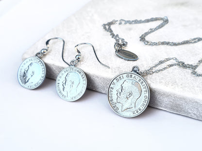 Sterling Silver Gift Set: George V Sixpence Necklace & Threepence Earrings