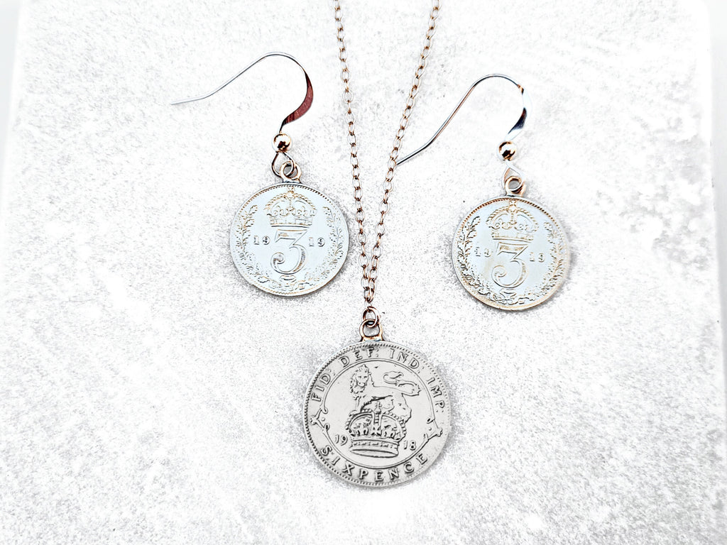 Sterling Silver Gift Set: George V Sixpence Necklace & Threepence Earrings
