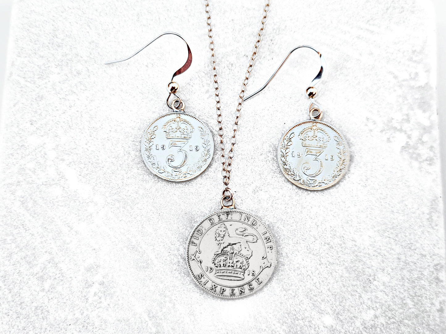 Gift Set: sterling silver George V wartime sixpence coin necklace and sterling silver threepence coin earrings - perfect Christmas gift