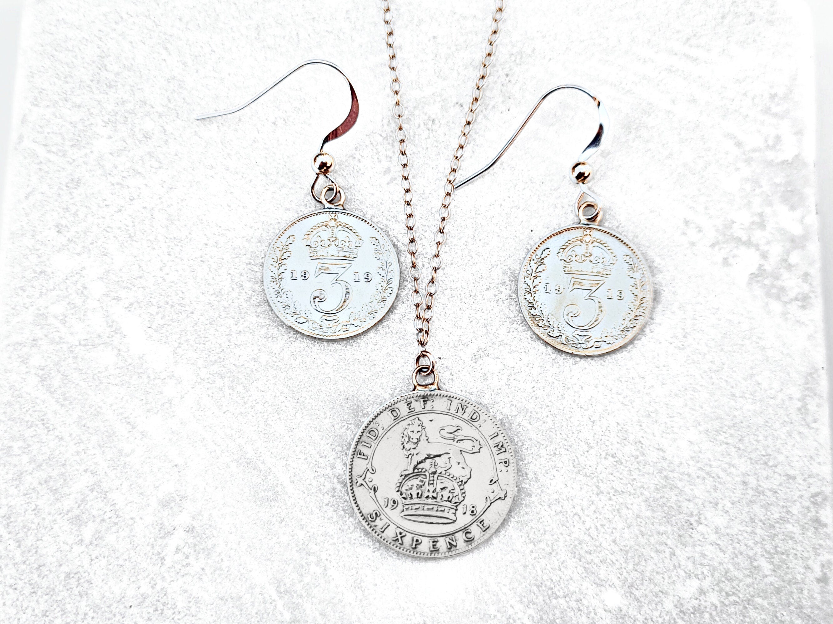 Sterling Silver Gift Set: George V Sixpence Necklace & Threepence Earrings