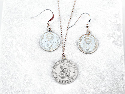 Sterling Silver Gift Set: George V Sixpence Necklace & Threepence Earrings