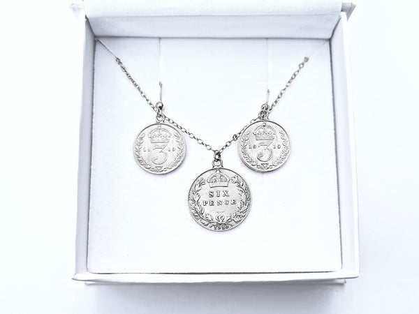 Sterling Silver Gift Set: Edwardian Sixpence Necklace & Threepence Earrings
