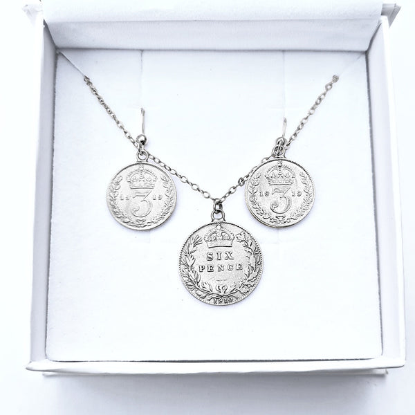 Sterling Silver Gift Set: Edwardian Sixpence Necklace & Threepence Earrings