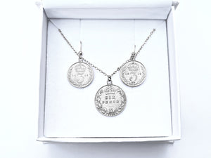 Sterling Silver Gift Set: Edwardian Sixpence Necklace & Threepence Earrings
