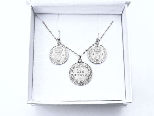 Gift Set: sterling silver Edwardian sixpence coin necklace and sterling silver threepence coin earrings - perfect Christmas gift for her