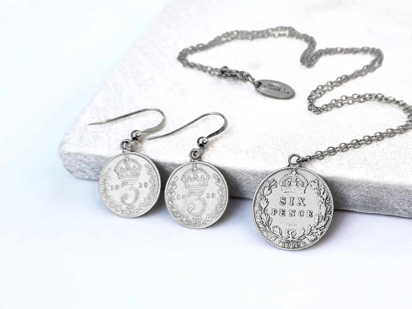 Gift Set: sterling silver Edwardian sixpence coin necklace and sterling silver threepence coin earrings - perfect Christmas gift for her