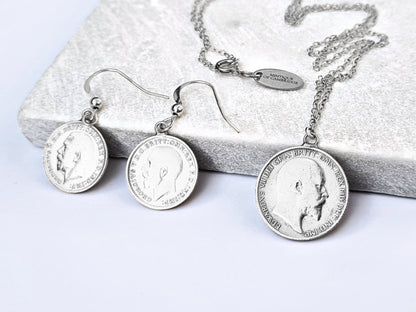 Sterling Silver Gift Set: Edwardian Sixpence Necklace & Threepence Earrings