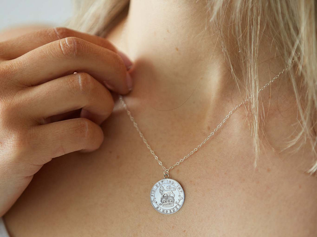 Sterling Silver Gift Set: George V Sixpence Necklace & Threepence Earrings