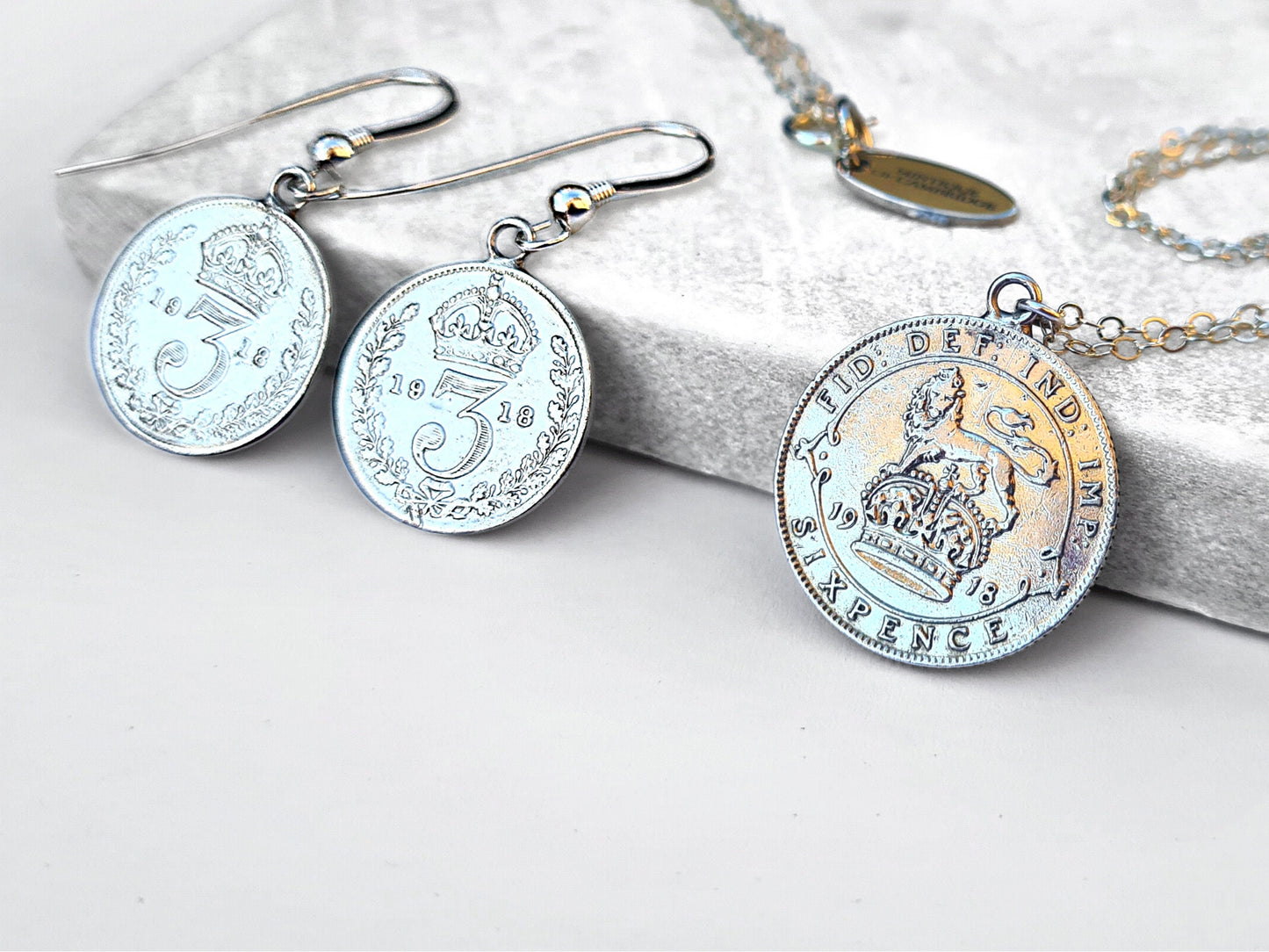 Gift Set: sterling silver George V wartime sixpence coin necklace and sterling silver threepence coin earrings - perfect Christmas gift