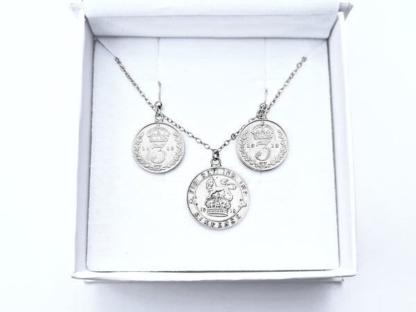 Sterling Silver Gift Set: George V Sixpence Necklace & Threepence Earrings