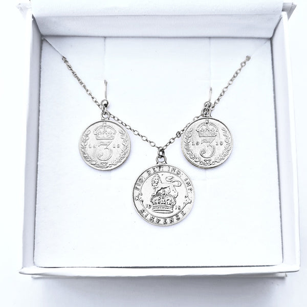 Sterling Silver Gift Set: George V Sixpence Necklace & Threepence Earrings
